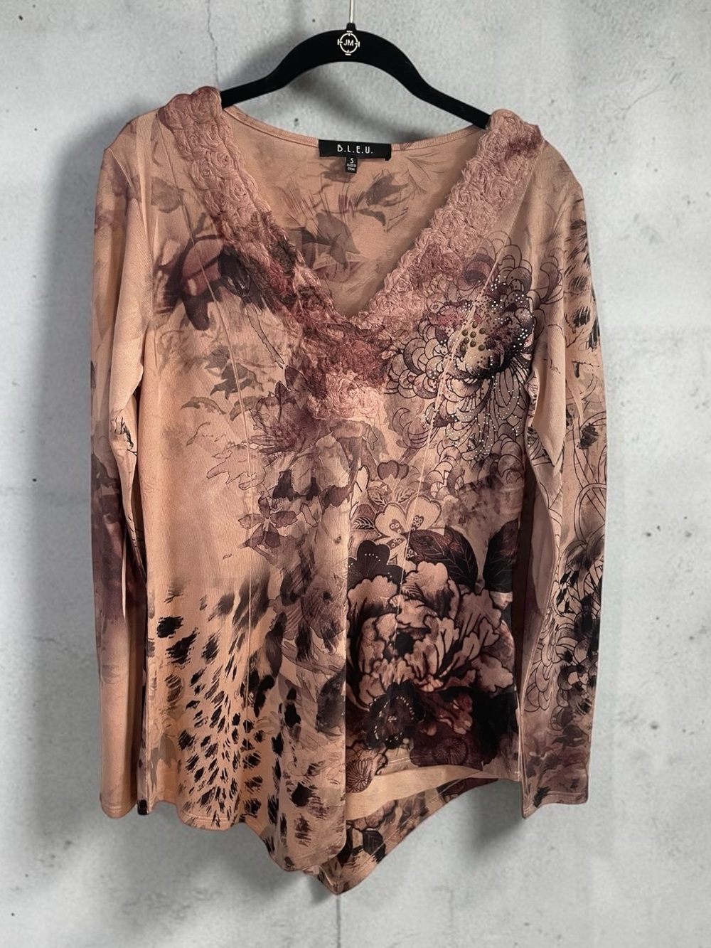 B.L.E.U. Floral Embellished Top Small Pink Boho Romantic Long Sleeve